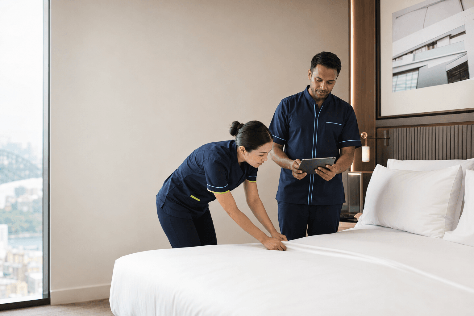 Cleaning service team preparing a hotel room